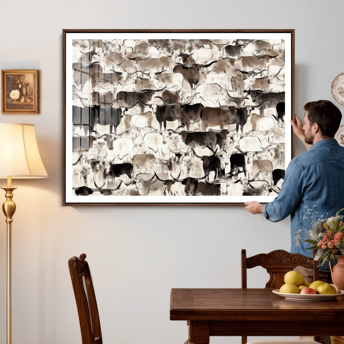 46084312-MGV-CV-36X24 - Farmhouse Animals Wall Art Canvas Print - Abstract Farm Animal Drawing Mid-Century Wall Art for Cabin Decor