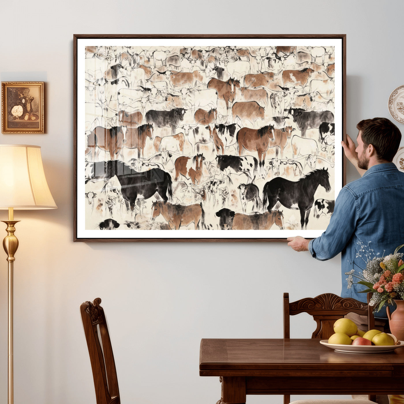 74171578-MGV-CV-36X24 - Farmhouse Animals Wall Art Canvas Print - Abstract Farm Animal Drawing Mid-Century Wall Art for Cabin Decor