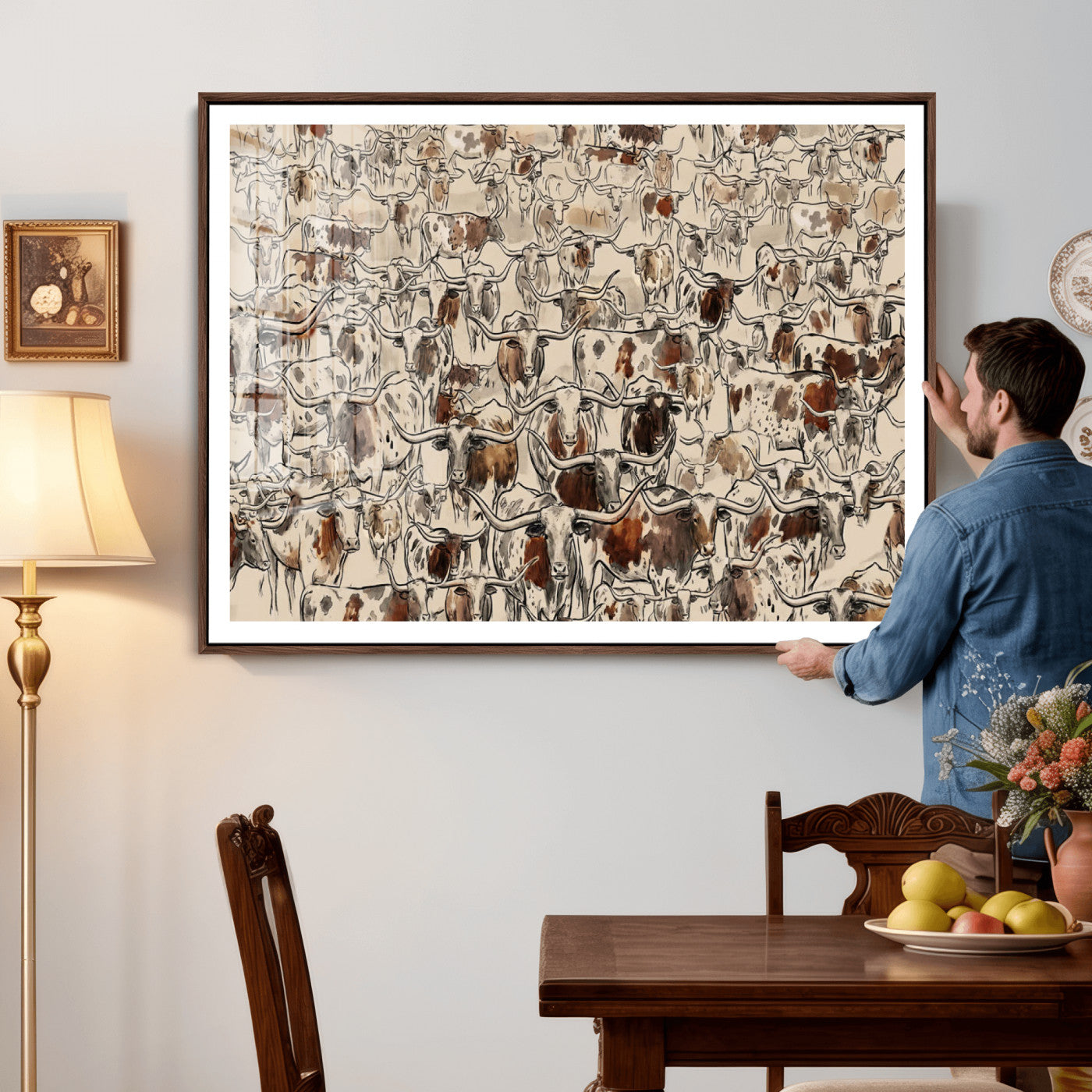 94808502-MGV-CV-36X24 - Farmhouse Animals Wall Art Canvas Print - Abstract Farm Animal Drawing Mid-Century Wall Art for Cabin Decor