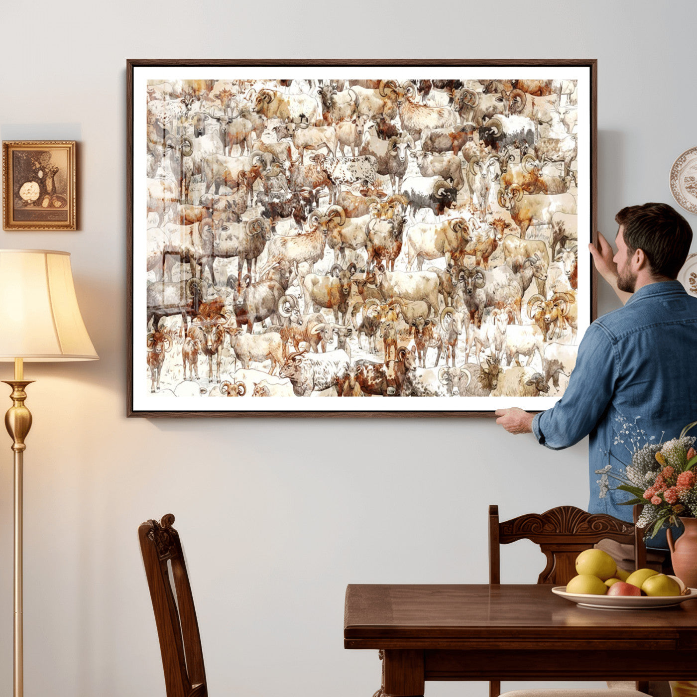 95103864-MGV-CV-36X24 - Farmhouse Animals Wall Art Canvas Print - Abstract Farm Animal Drawing Mid-Century Wall Art for Cabin Decor