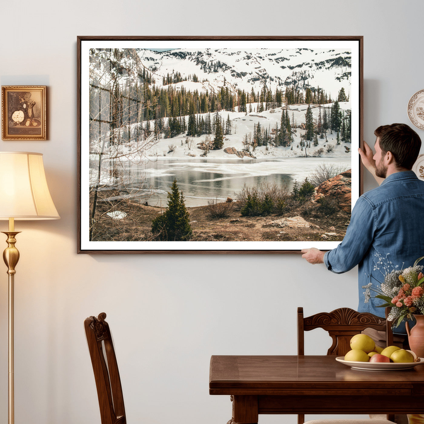 10336249-MGV-CV-36X24 - Snowy Mountain Landscape Wall Art Canvas Print, Alpine Pine Forest Winter Nature Wall Decor for Living Room and Office