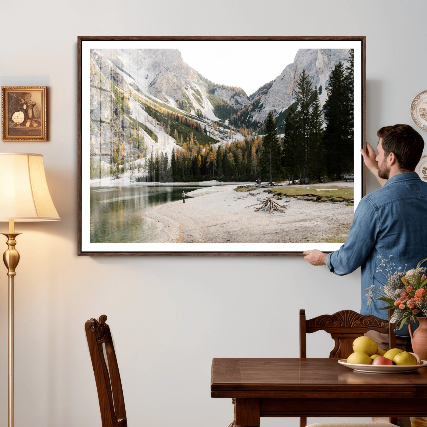 89246758-MGV-CV-36X24 - Lake Braies Alpine Landscape Wall Art Canvas Print, Dolomites Mountain Lake Forest Canvas Print, Italian Alps Scenic Nature Art Printing