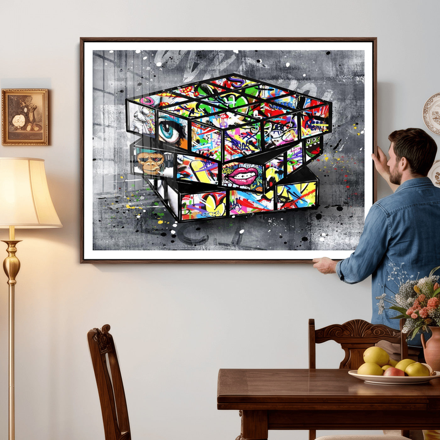 46789556-MGV-CV-36X24 - Graffiti Cube Abstract Street Art Wall Art Canvas Print, Colorful Urban Pop Art Geometric Canvas Print, Modern Street Art Contemporary Art Printing