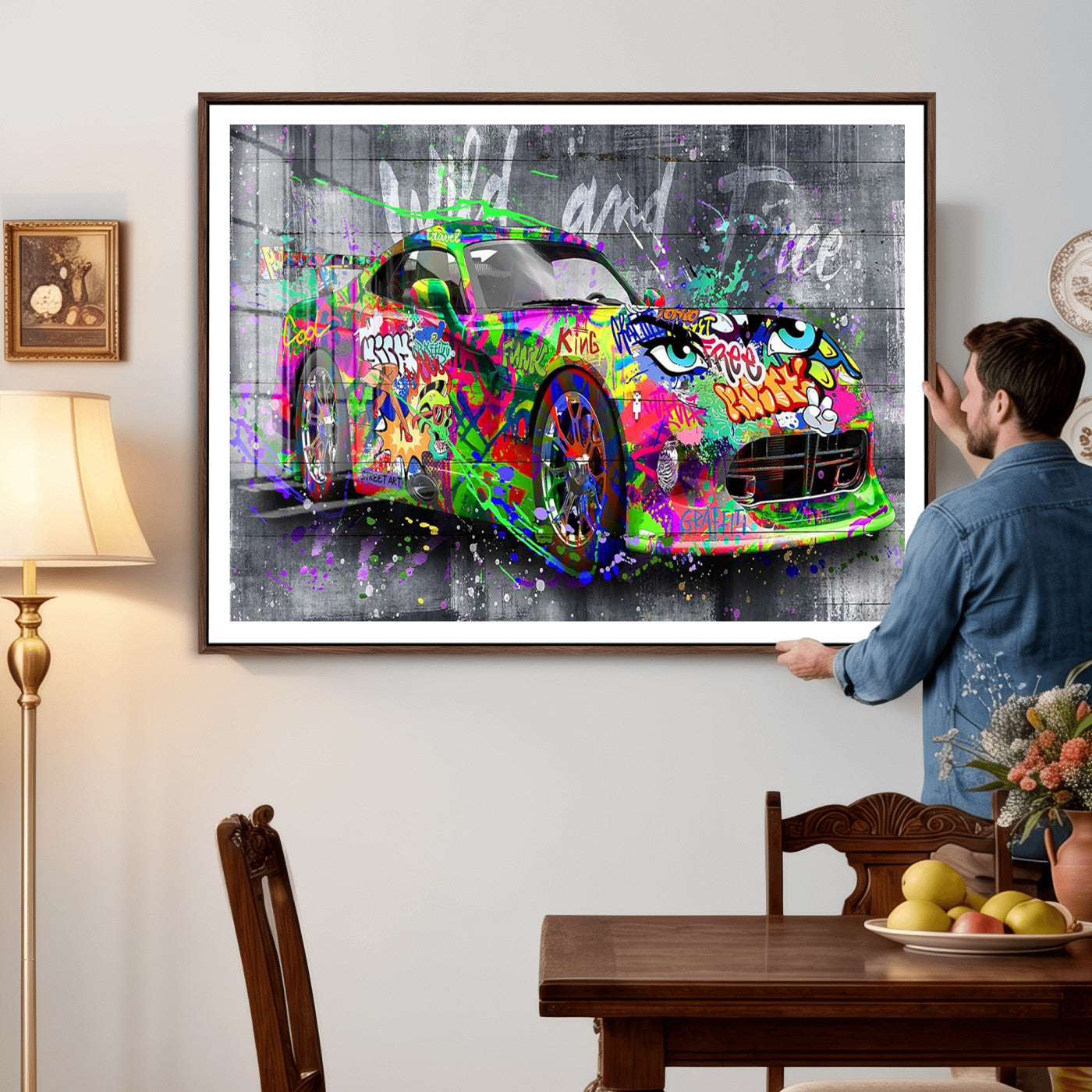 95314968-MGV-CV-36X24 - Graffiti Sports Car Street Art Wall Art Canvas Print, Colorful Urban Supercar Pop Art Canvas Print, Modern Graffiti Car Contemporary Art Printing