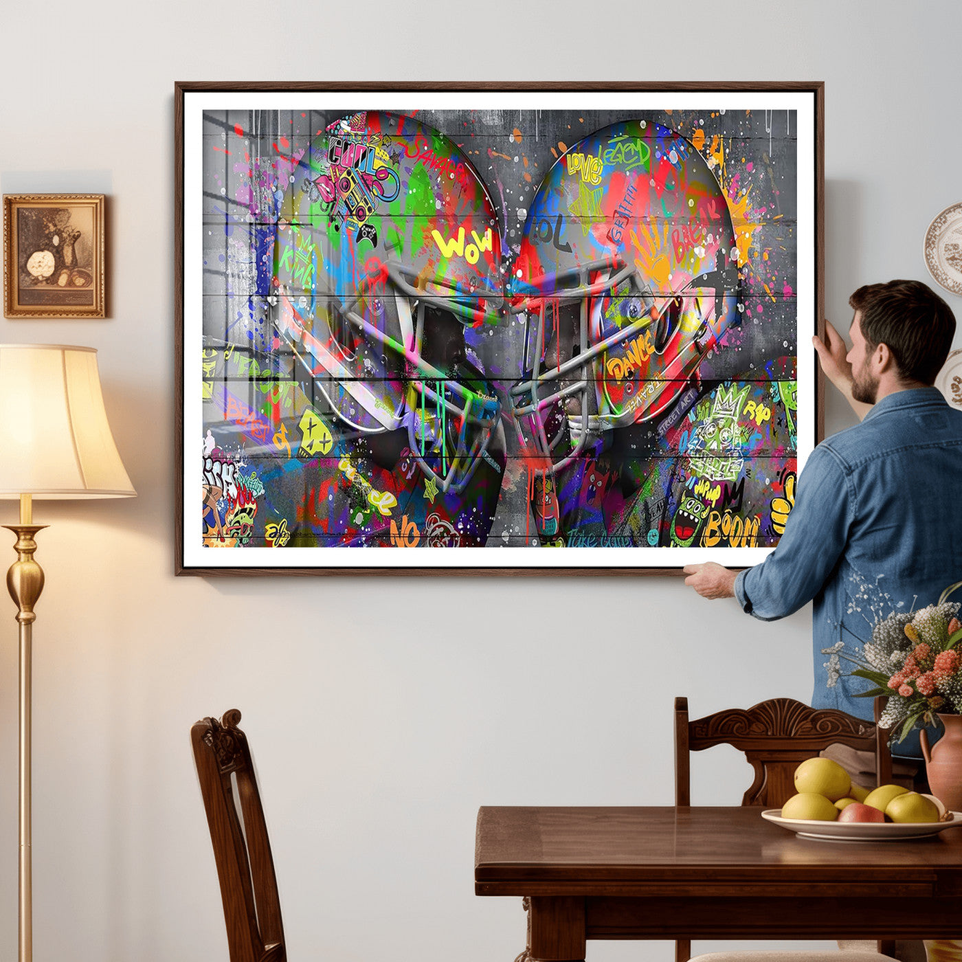 15309853-MGV-CV-36X24 - Graffiti Football Helmets Wall Art Canvas Print, Urban Street Art Sports Decor, Colorful American Football Graffiti Artwork