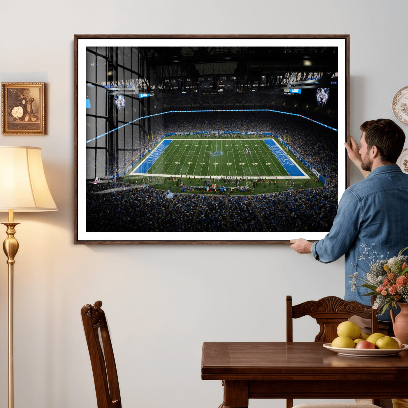 16709602-MGV-CV-36X24 - Detroit Lions Stadium Wall Art Canvas Print, Football Field Panorama Artwork, NFL Game Night Stadium Decor