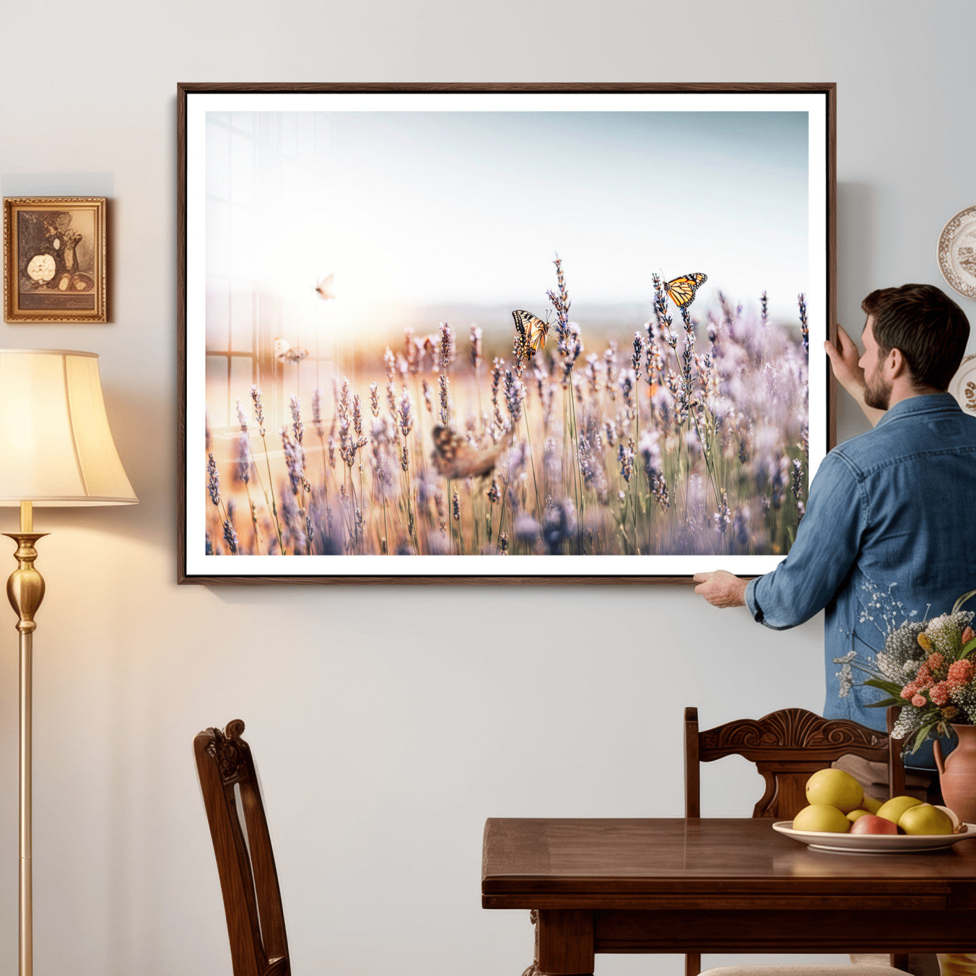 46417478-MGV-CV-36X24 - Lavender Field Wall Art Canvas Print, Butterfly Floral Landscape Art, Soft Nature Wall Decor for Bedroom