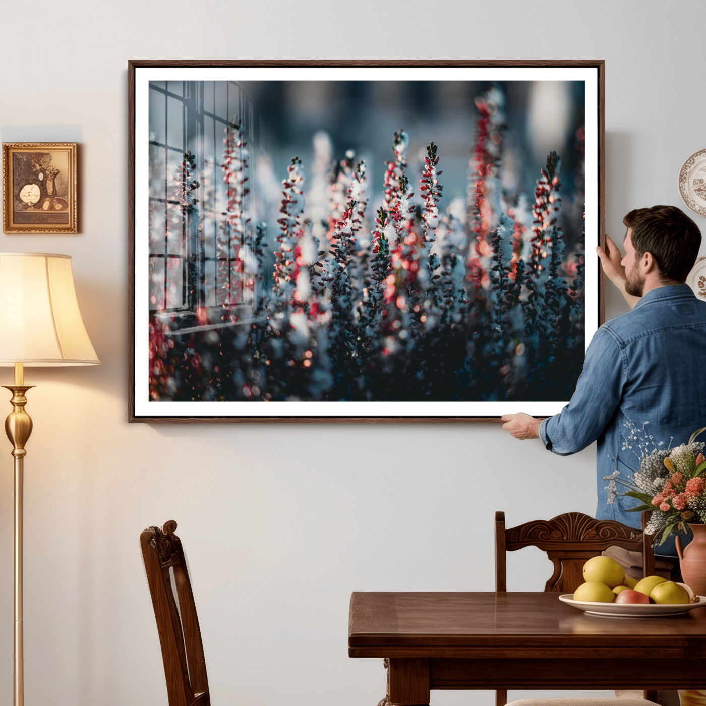 82063935-MGV-CV-36X24 - Winter Heather Wall Art Canvas Print, Frosted Floral Nature Art, Moody Botanical Wall Decor