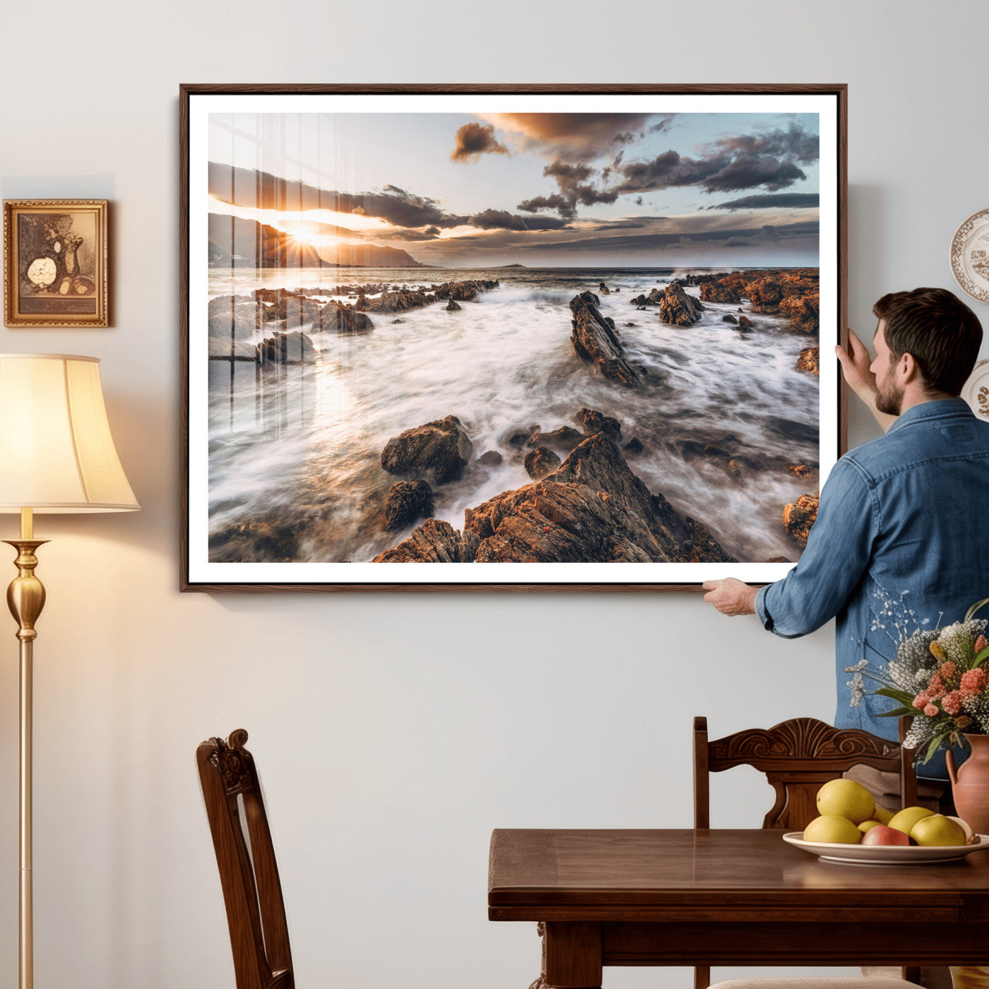 66746024-MGV-CV-36X24 - Rocky Coast Ocean Sunset Wall Art Canvas Print, Dramatic Seascape Nature Wall Decor for Living Room and Office