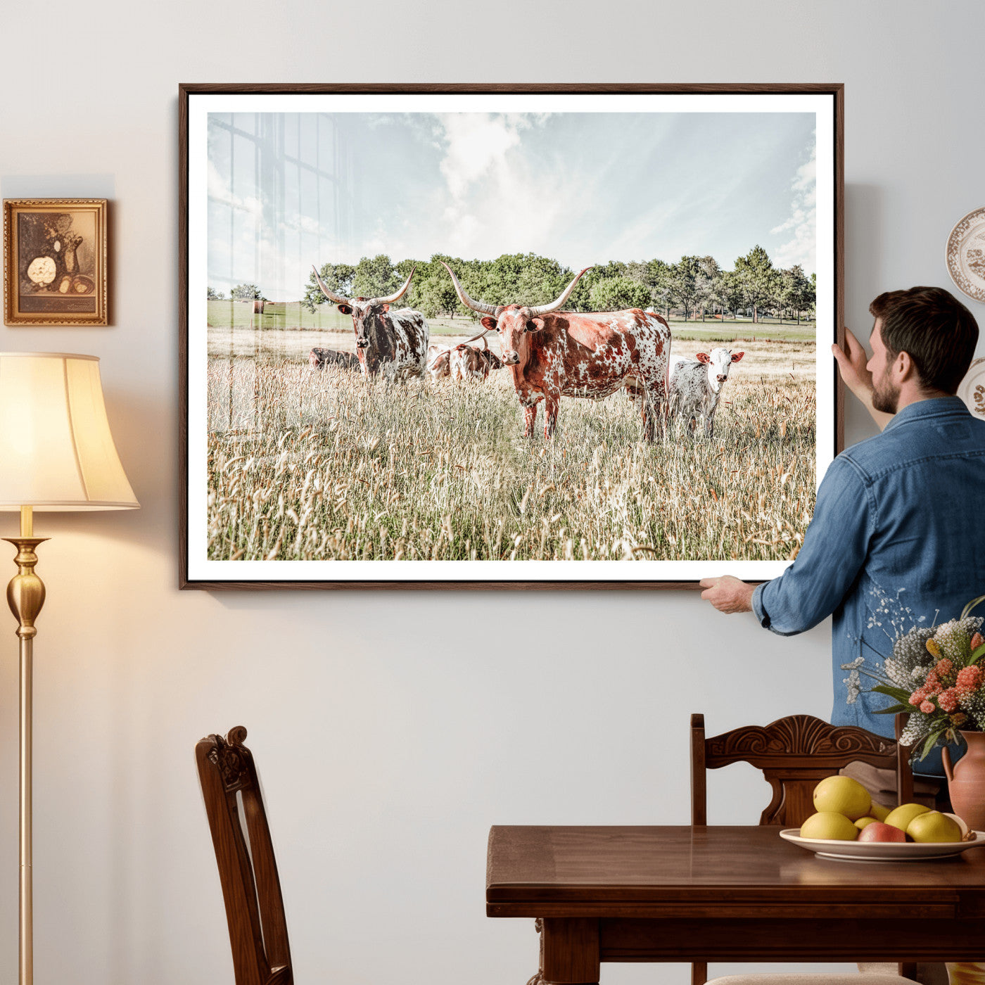33963645-MGV-CV-36X24 - Texas Longhorn Cattle Wall Art Canvas Print, Western Ranch Landscape Nature Wall Decor for Living Room and Office