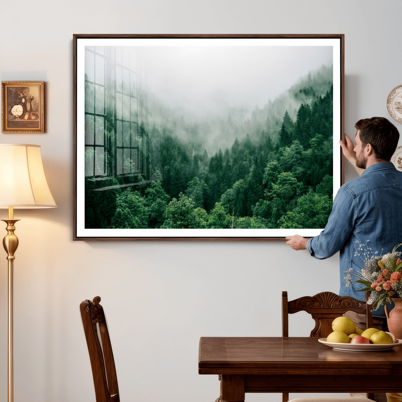 61640815-MGV-CV-36X24 - Misty Pine Forest Wall Art Canvas Print, Foggy Evergreen Landscape Wall Decor, Moody Green Nature Artwork, Minimal Forest Canvas Wall Art, Framed Canvas Wall Art Ready to Hang