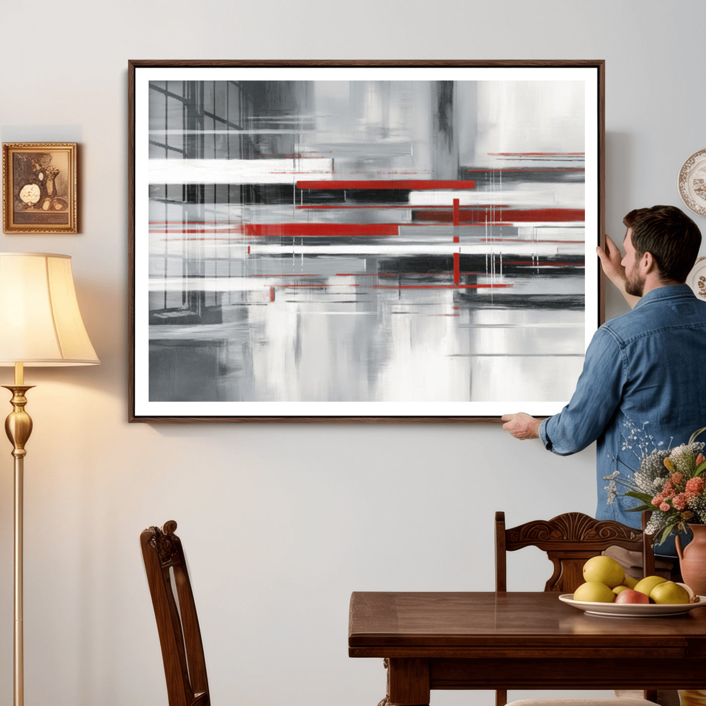62640681-MGV-CV-36X24 - Gray Red Abstract Wall Art Canvas Print, Modern Abstract Canvas Wall Decor for Contemporary Living Room and Office