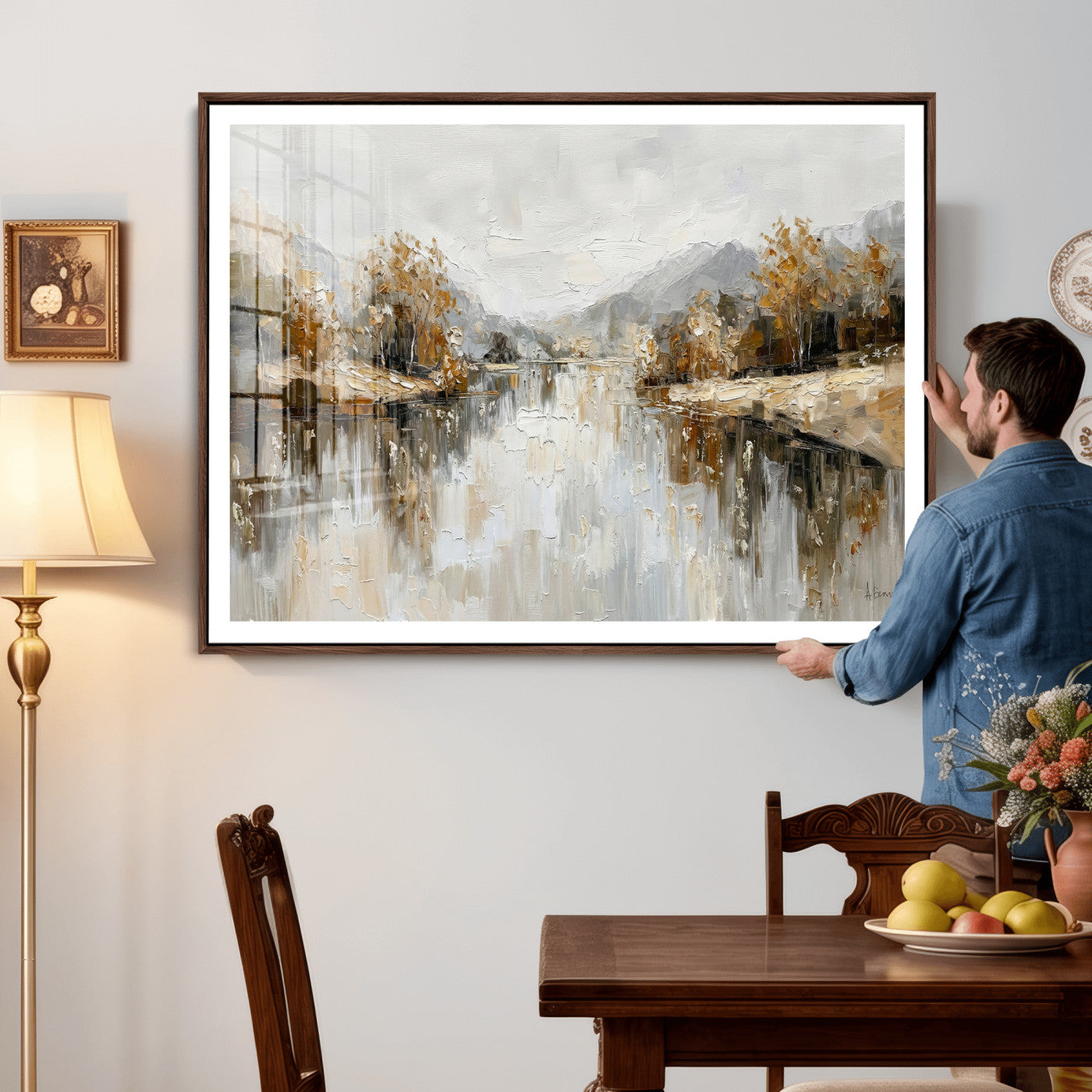 78227690-MGV-CV-36X24 - Neutral Abstract Lake Landscape Wall Art Canvas Print, Modern Minimal River Reflection Canvas Print, Beige Gray Contemporary Nature Art Printing