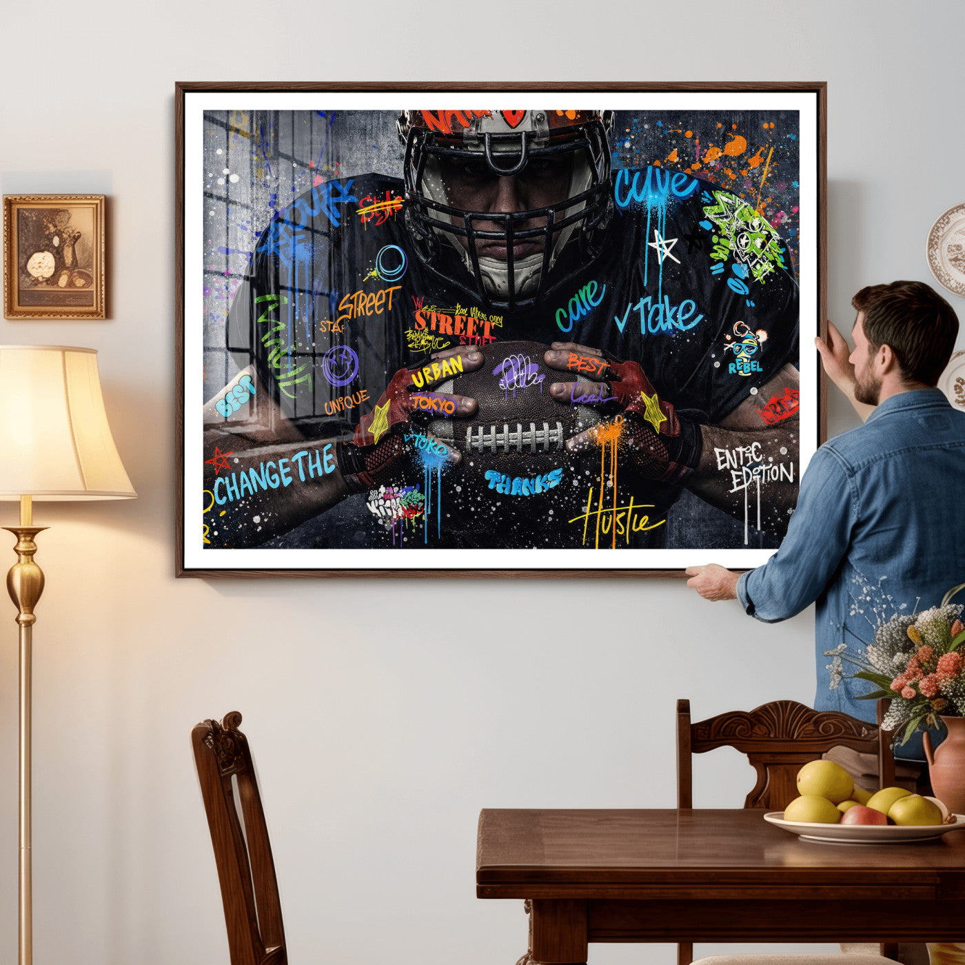 55267256-MGV-CV-36X24 - Graffiti American Football Player Street Art Wall Art Canvas Print, Urban Sports Pop Art Football Canvas Print, Modern Athletic Graffiti Contemporary Art Printing