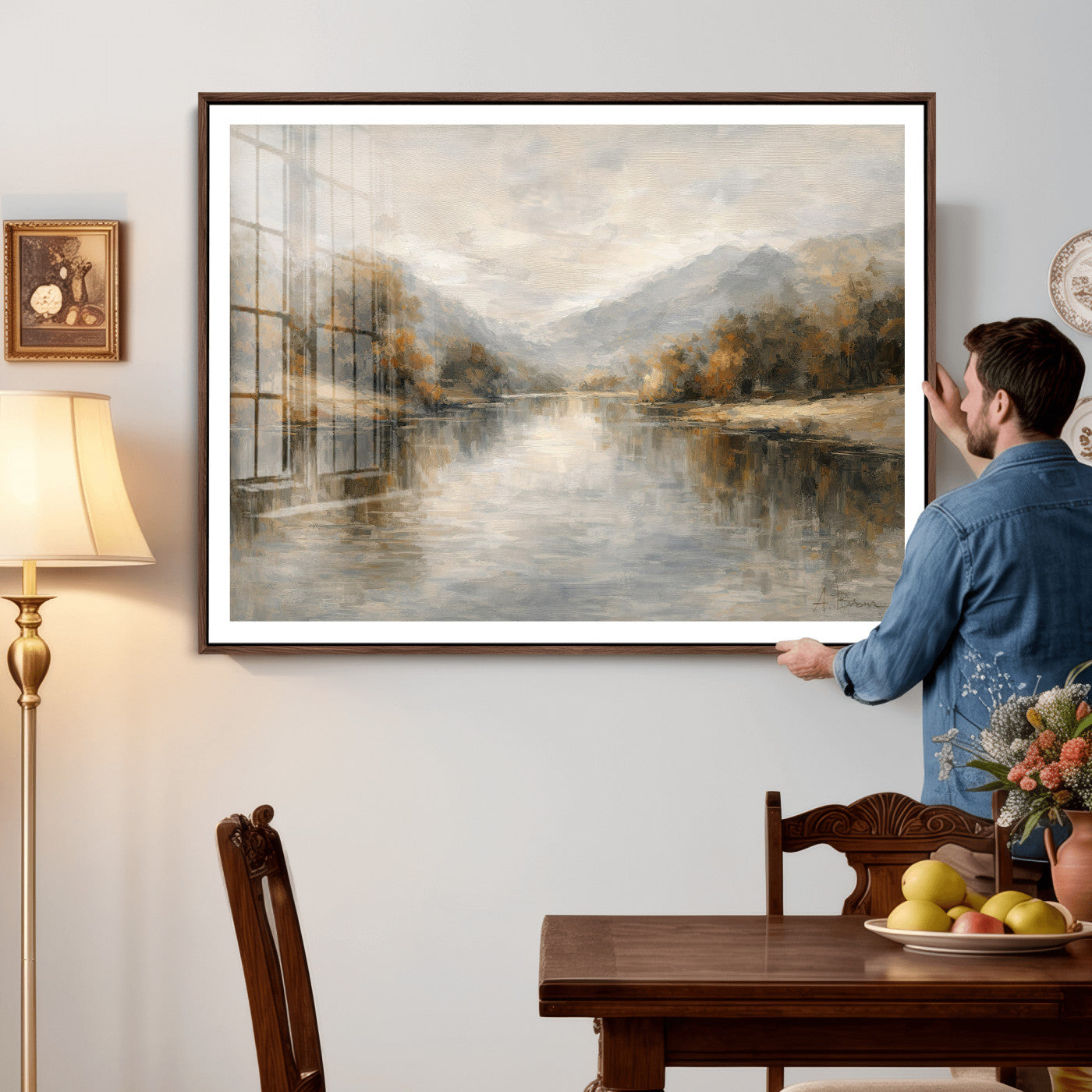 29251761-MGV-CV-36X24 - Neutral Abstract River Landscape Wall Art Canvas Print, Modern Minimal Nature Reflection Canvas Print, Beige Gray Contemporary Mountain Art Printing
