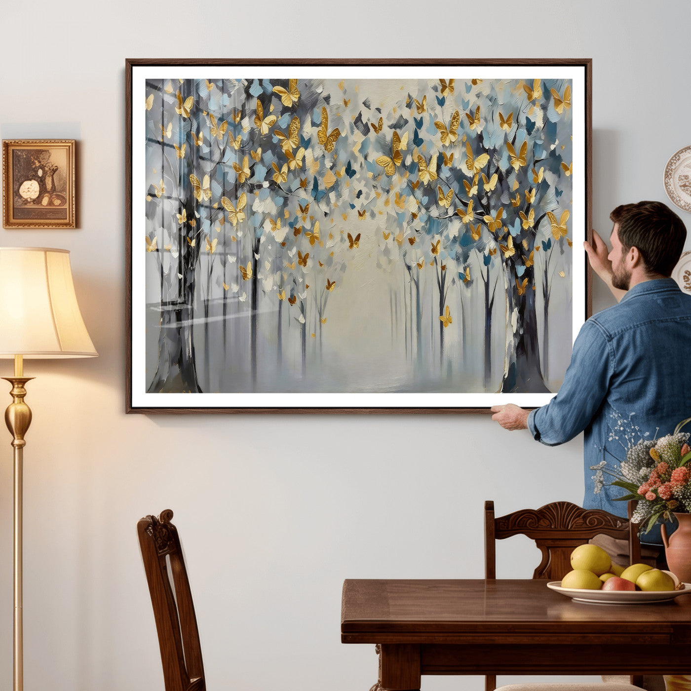 79208191-MGV-CV-36X24 - Golden Butterfly Tree Abstract Wall Art Canvas Print, Modern Elegant Nature Painting Canvas Print, Blue Gold Contemporary Floral Art Printing