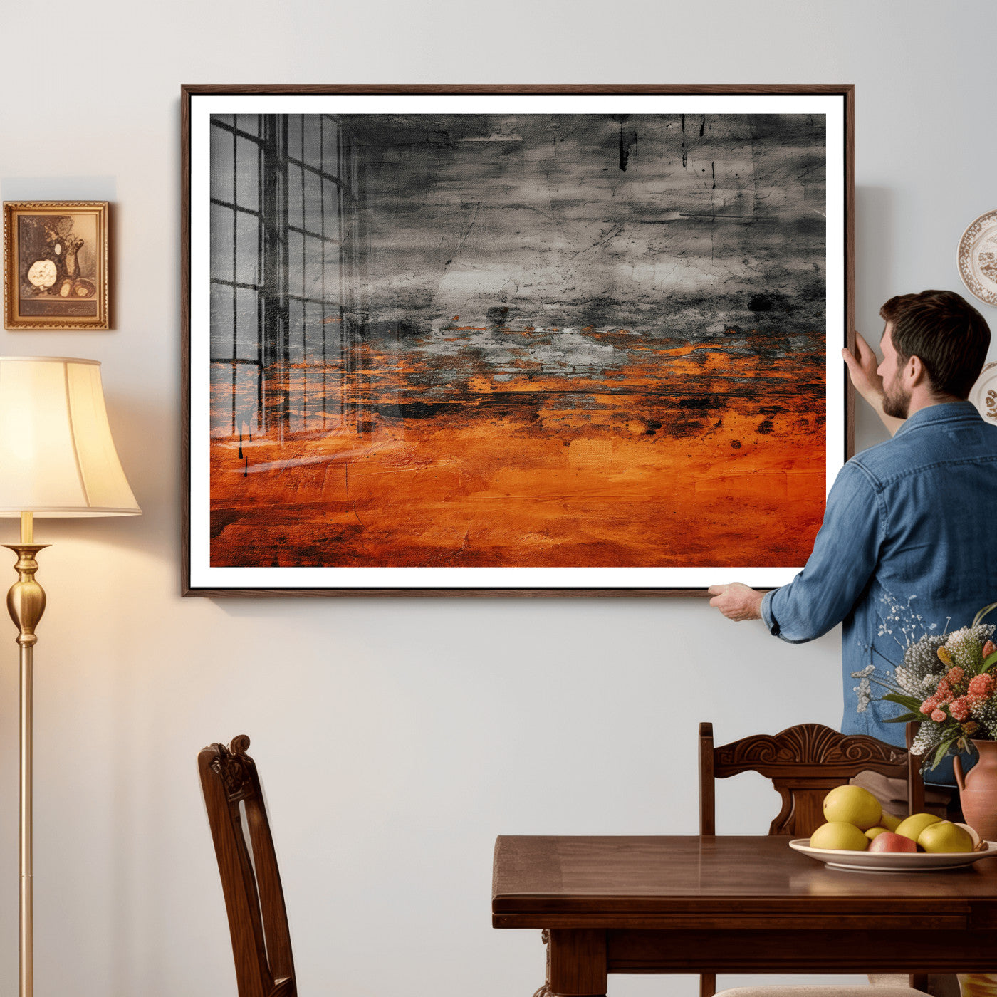 75409282-MGV-CV-36X24 - Black Orange Abstract Wall Art Canvas Print Modern Textured Painting Decor