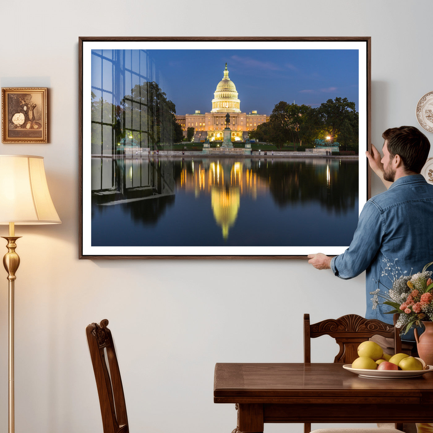 95568590-MGV-CV-36X24 - US Capitol Building Wall Art Canvas Print – Washington DC Landmark Night Reflection Artwork for Office Decor