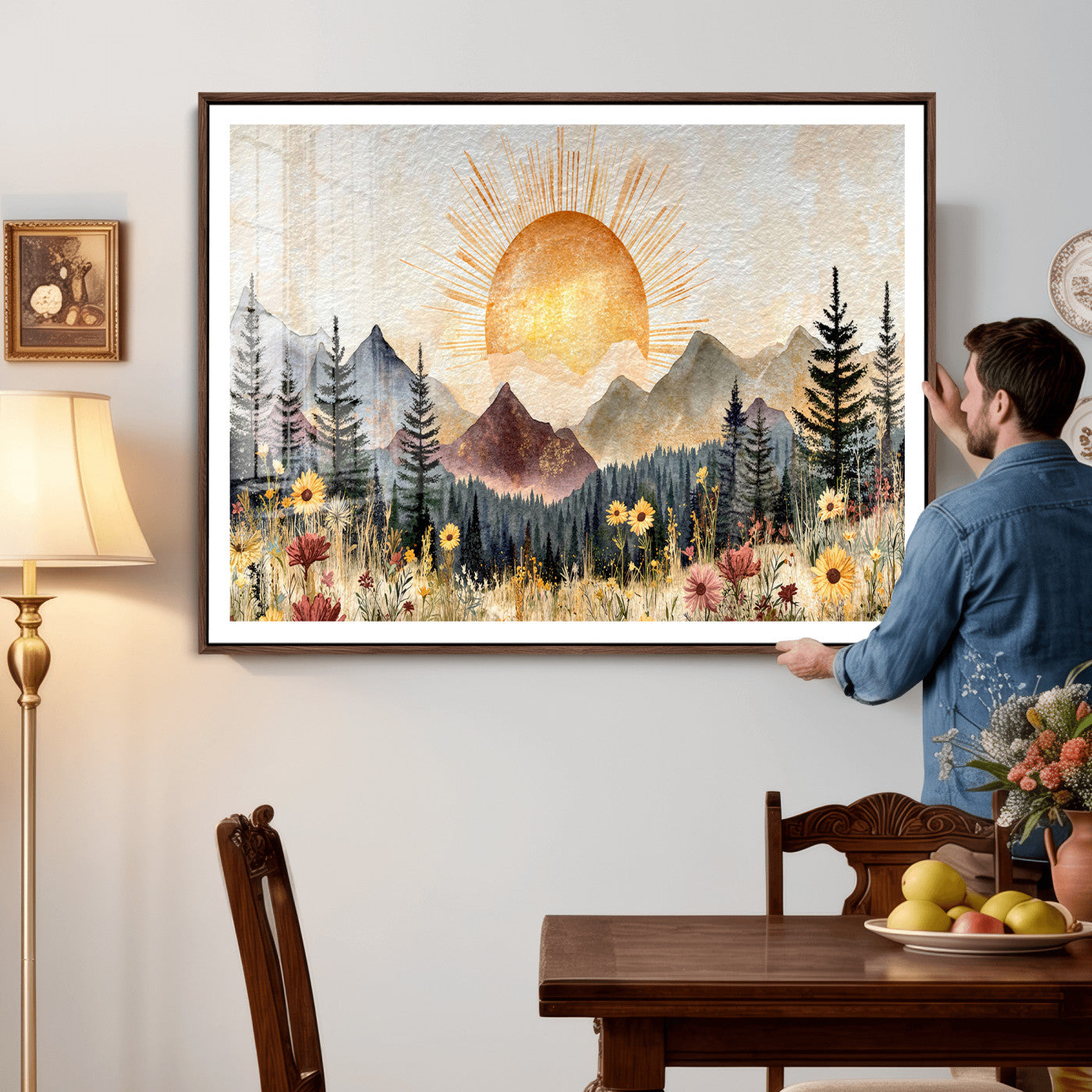 69025244-MGV-CV-36X24 - Boho Mountain Landscape Large Wall Art, Horizontal Gold Framed Canvas Print with Sun and Flowers