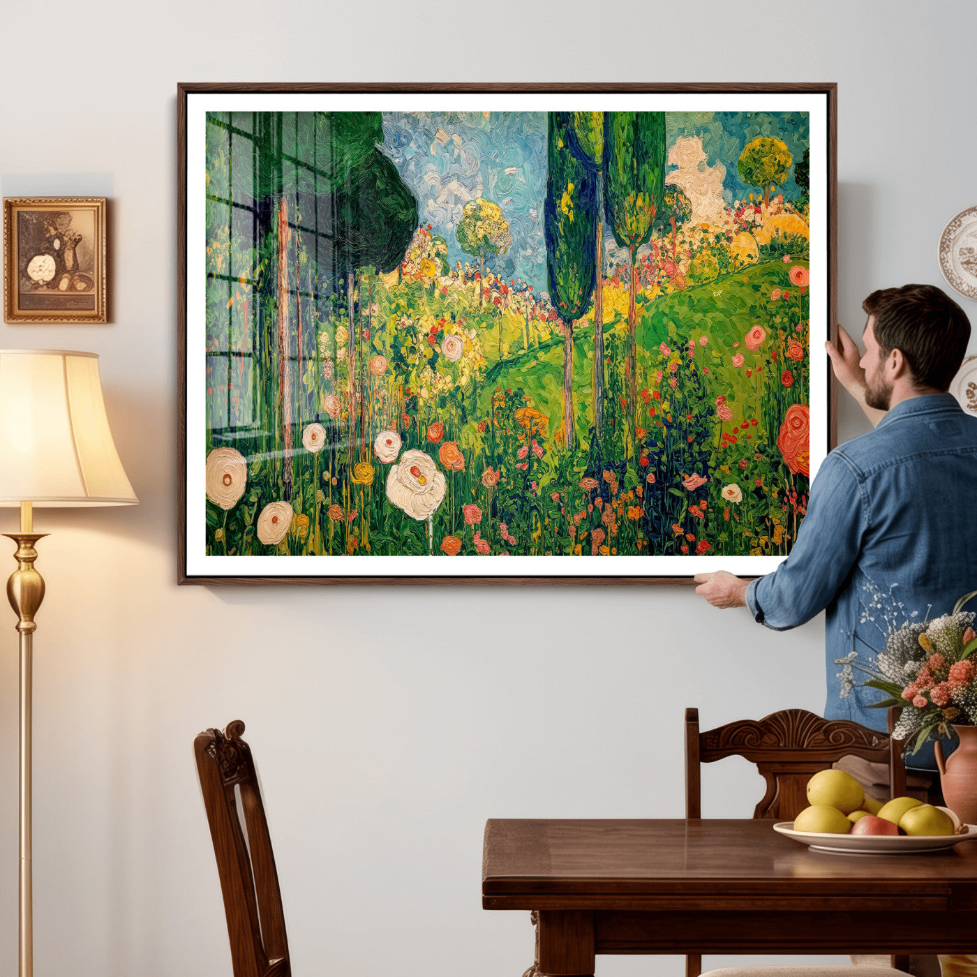 83517974-MGV-CV-36X24 - Gustav Klimt Boho Mountain Landscape Large Wall Art, Horizontal Gold Framed Canvas Print with Sun and Flowers