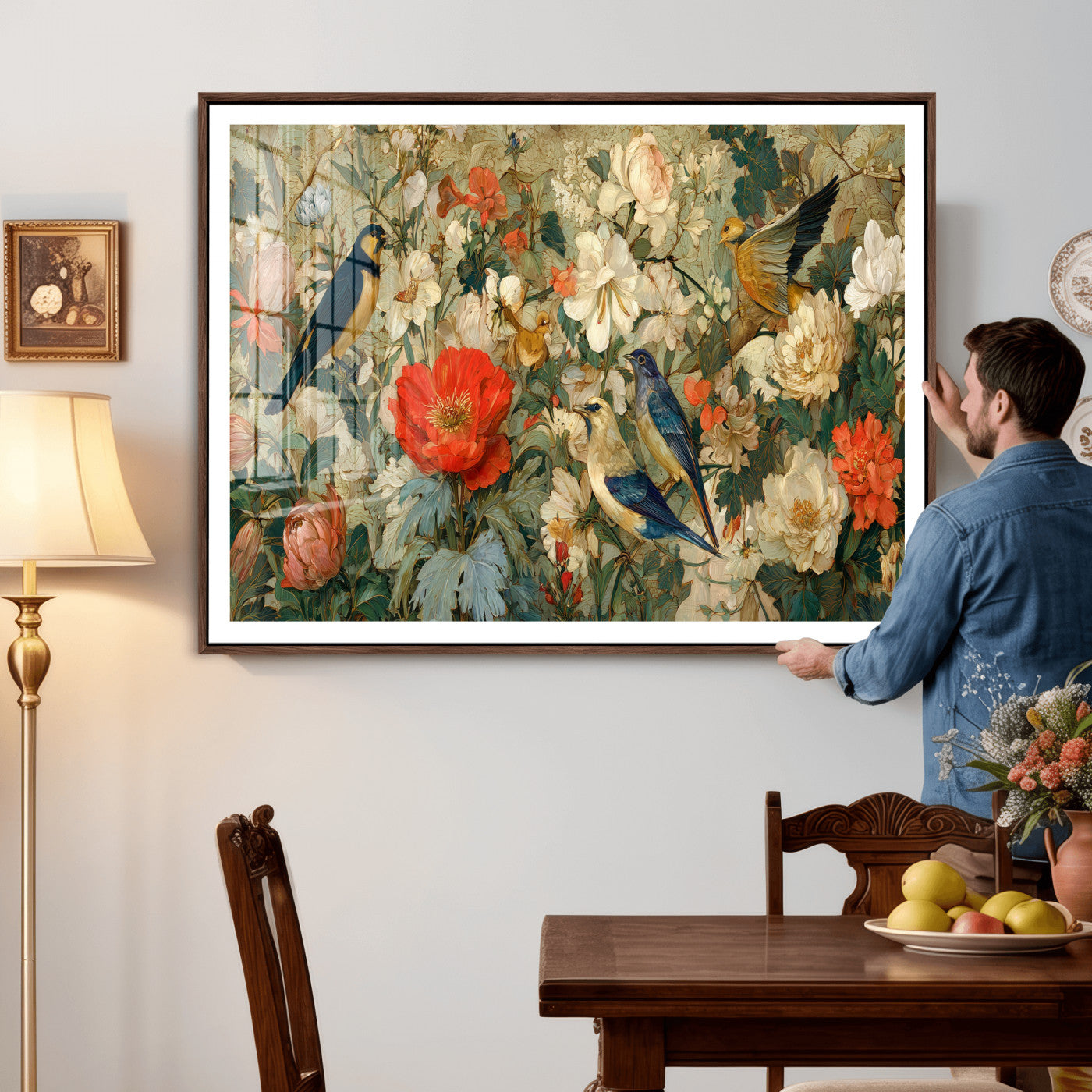 52904757-MGV-CV-36X24 - Vintage Birds and Flowers Wall Art Canvas Print, Botanical Bird Painting Canvas Print, Floral Garden Bird Artwork Canvas Print, Classic Bird Flower Painting Canvas Print