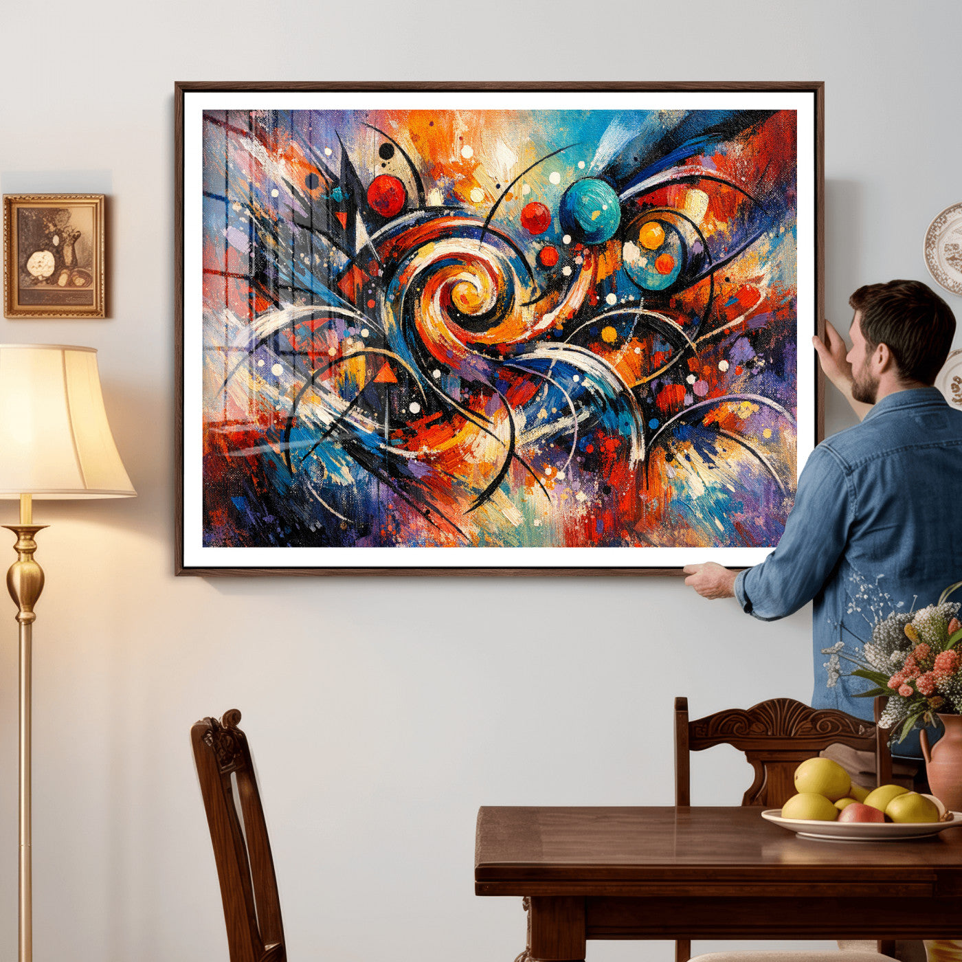 60193267-MGV-CV-36X24 - Geometric Abstract Wall Art Canvas Print, Orange Blue Abstract Expressionist Painting Print, Modern Geometric Abstract Canvas Art
