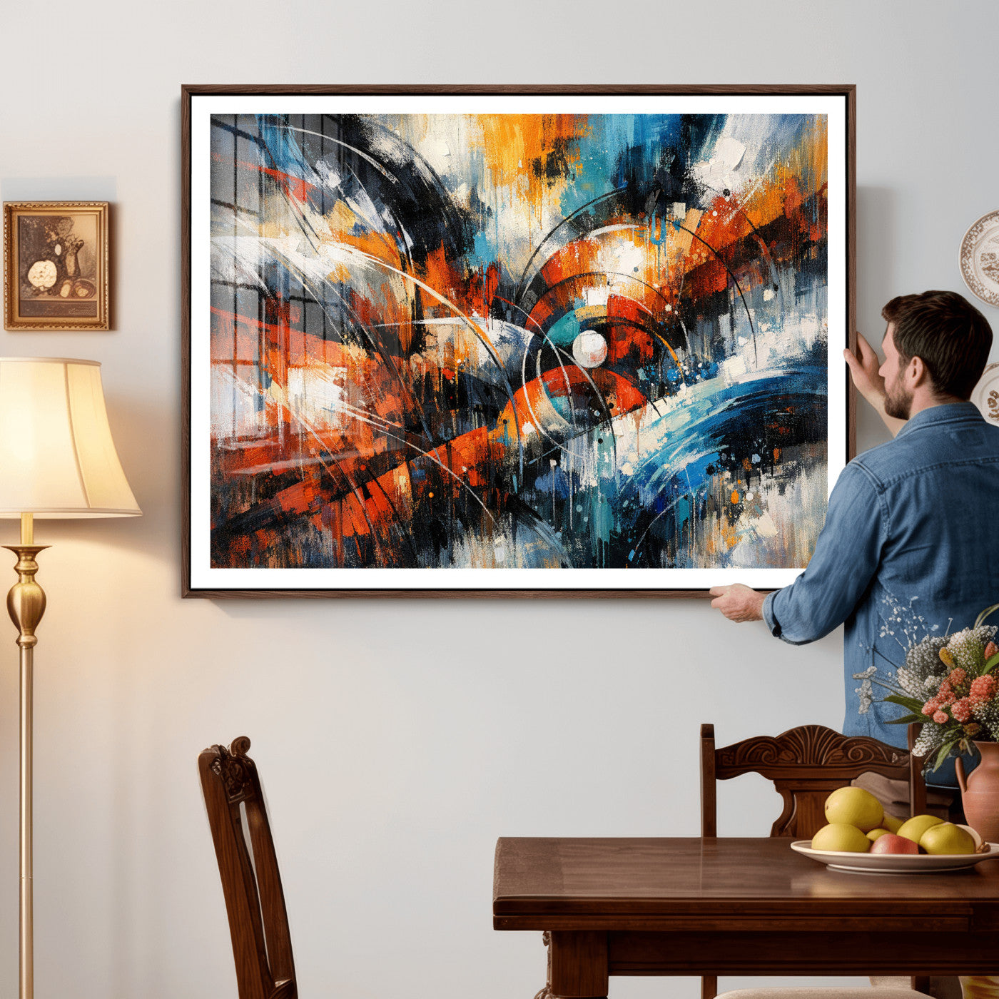 47120691-MGV-CV-36X24 - Geometric Abstract Wall Art Canvas Print, Orange Blue Abstract Expressionist Painting Print, Modern Geometric Abstract Canvas Art