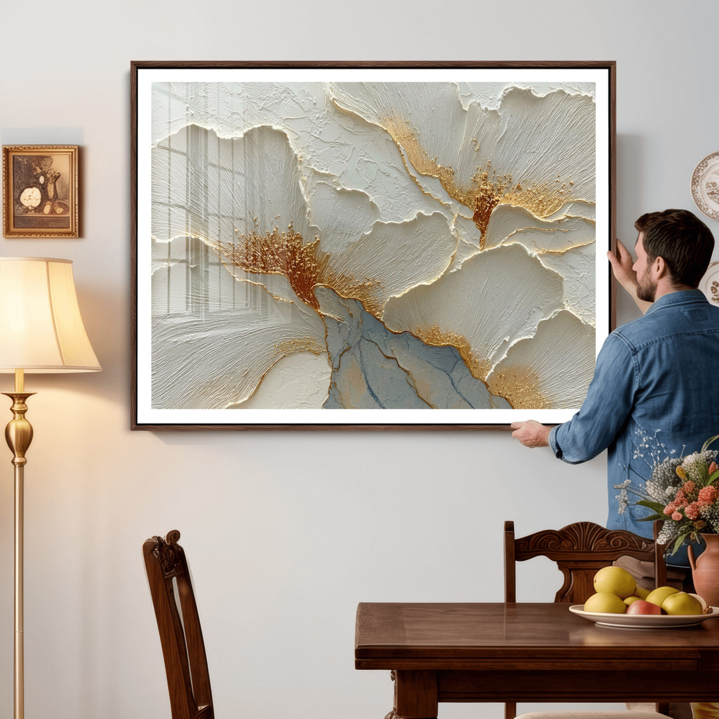 4712069F1-MGV-CV-36X24 - White Gold Floral Canvas Wall Art — Textured Flower Print | Luxury Botanical Decor | Elegant Bedroom Art | Gold Leaf Wall Art Gift