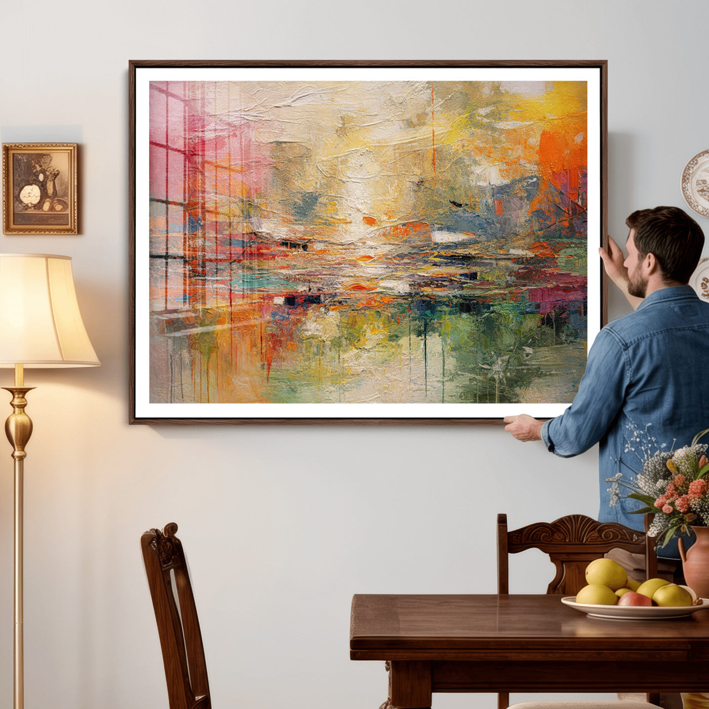 4712069P1-MGV-CV-36X24 - Colorful Abstract Canvas Wall Art — Large Textured Oil Painting Style Print | Orange Red Boho Wall Decor | Modern Living Room Art | Bold Wall Art