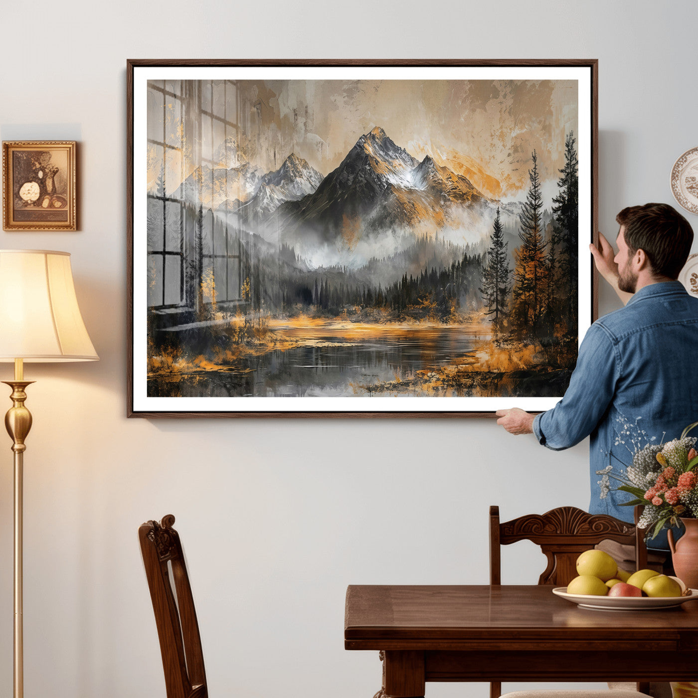 4712069D1-MGV-CV-36X24 - Mountain Lake Canvas Wall Art — Rustic Forest Landscape Print | Gold Grey Nature Decor | Cabin Wall Art | Large Wilderness Art Print Gift