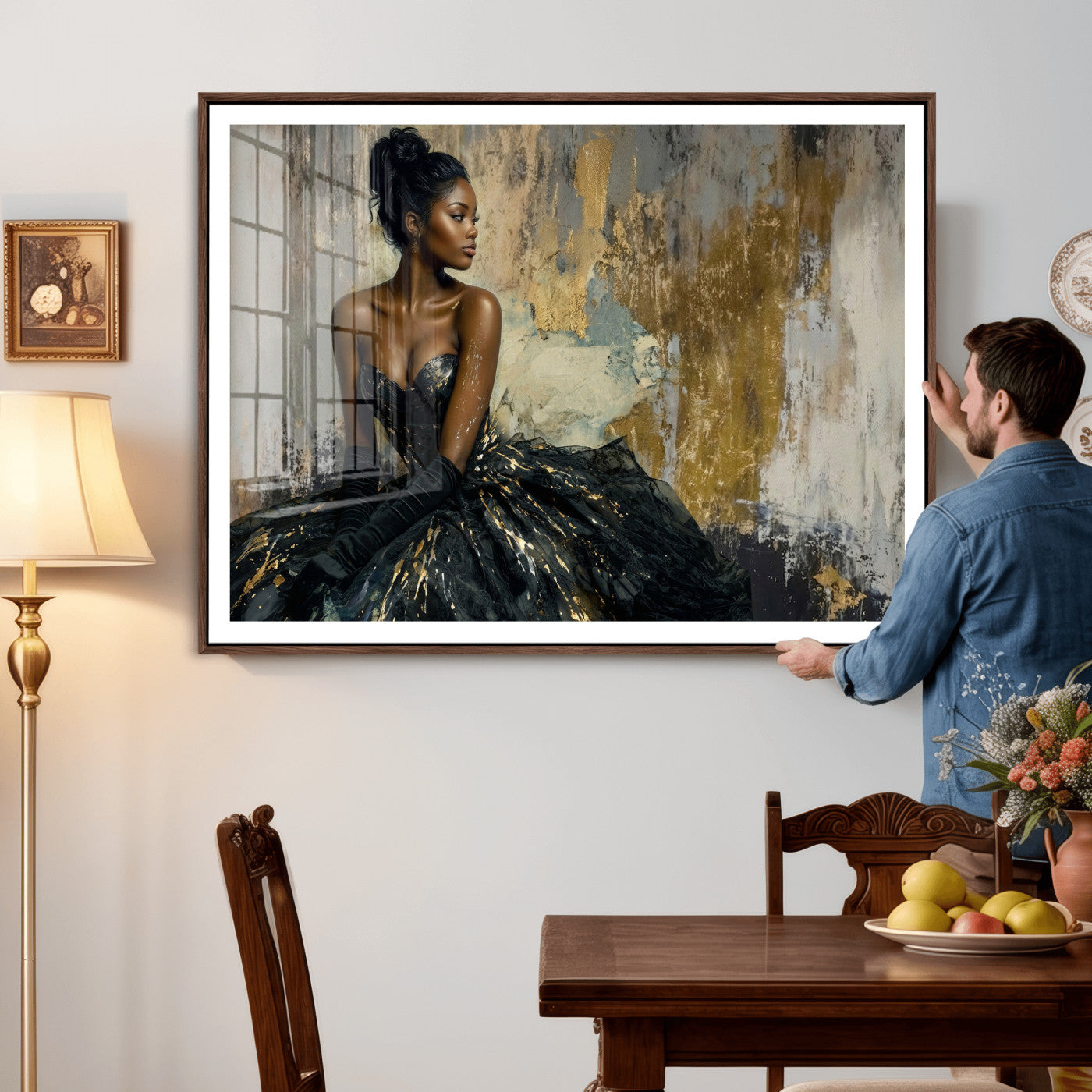 4712069Z1-MGV-CV-36X24 - Elegant Woman Canvas Wall Art — Black Gold Gown Fashion Print | Luxury Glam Wall Decor | African American Art | Bold Bedroom Wall Art Gift