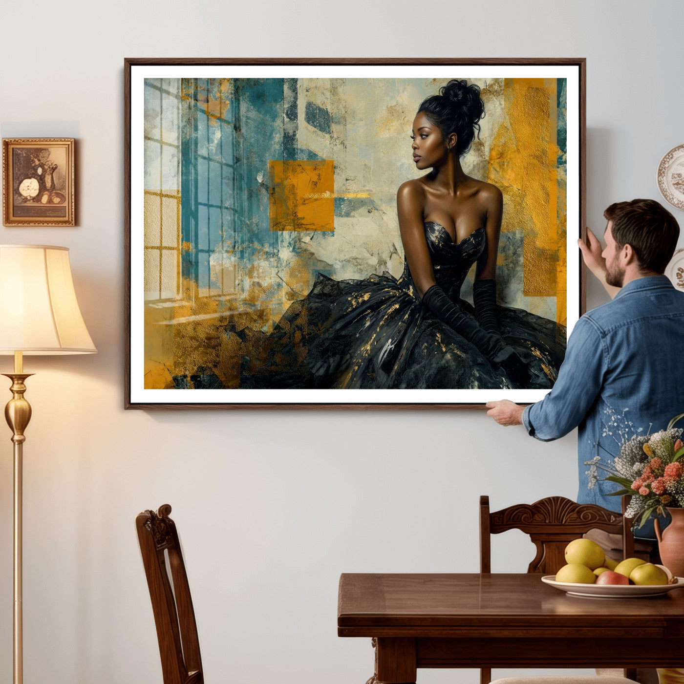 4712069Z21-MGV-CV-36X24 - Elegant Woman Canvas Wall Art — Black Gold Gown Fashion Print | Luxury Glam Wall Decor | African American Art | Bold Bedroom Wall Art Gift