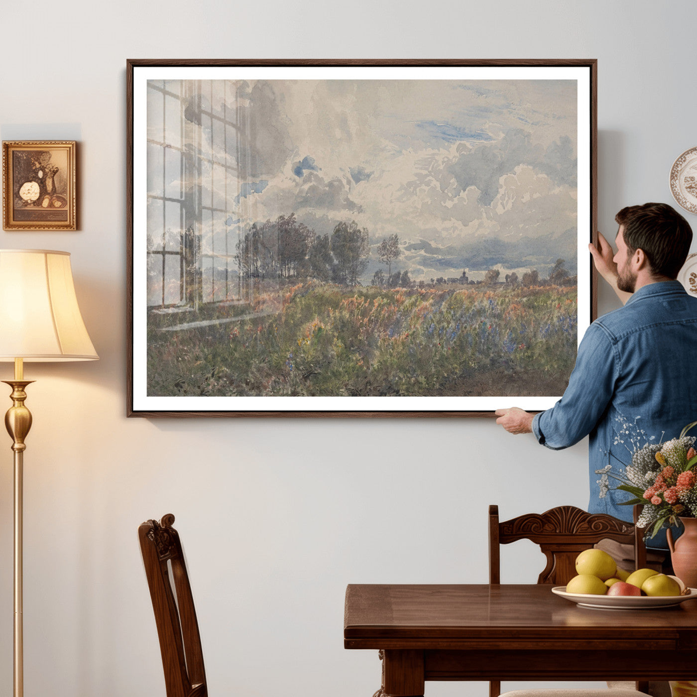 76626885-MGV-CV-36X24 - Vintage Watercolor Meadow Canvas Wall Art — English Pastoral Wildflower Storm Sky Print | Cottagecore Nature Decor | Classic Landscape Gift