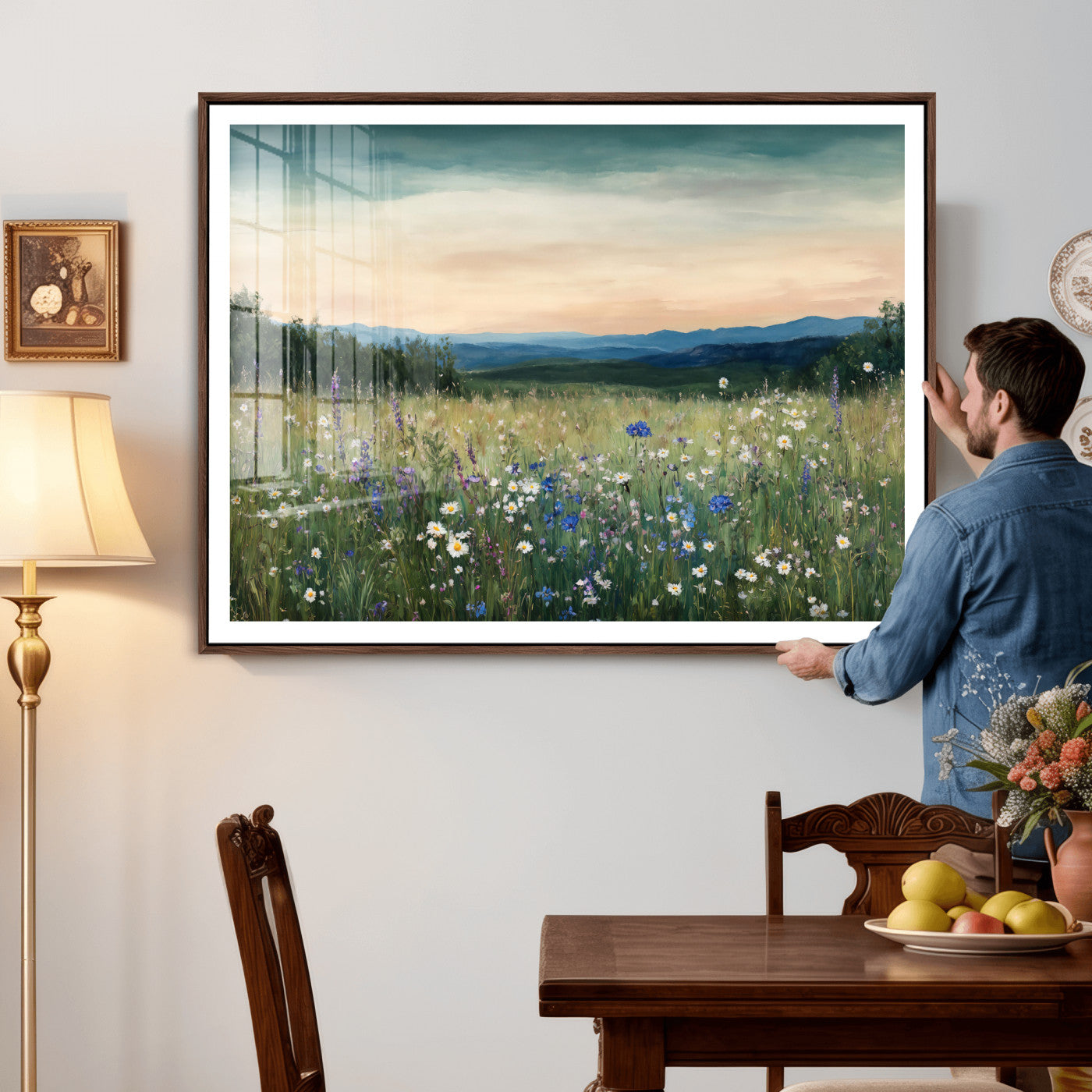 35773805-MGV-CV-36X24 - Wildflower Meadow Oil Painting Canvas — Daisy Lavender Mountain Sunset Print | Cottagecore Floral Wall Art | Bedroom Decor Gift for Her