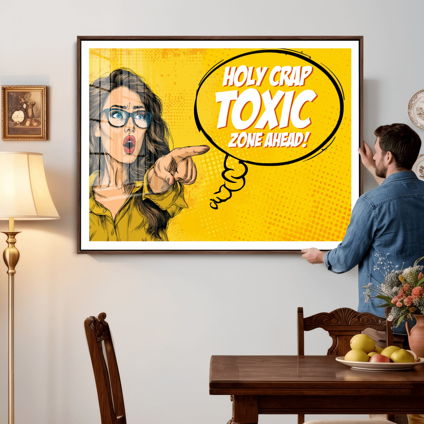 79751885-MGV-CV-36X24 - Pop Art Print Bathroom Sign Wall Art Canvas Print — Funny Bathroom Canvas | Comic Style Toilet Wall Decor | Humor Gift | Yellow Bold Bathroom Art