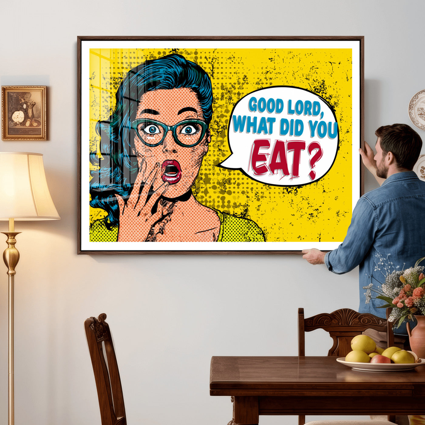 88217969-MGV-CV-36X24 - Pop Art Print Bathroom Sign Wall Art Canvas Print — Funny Bathroom Canvas | Comic Style Toilet Wall Decor | Humor Gift | Yellow Bold Bathroom Art