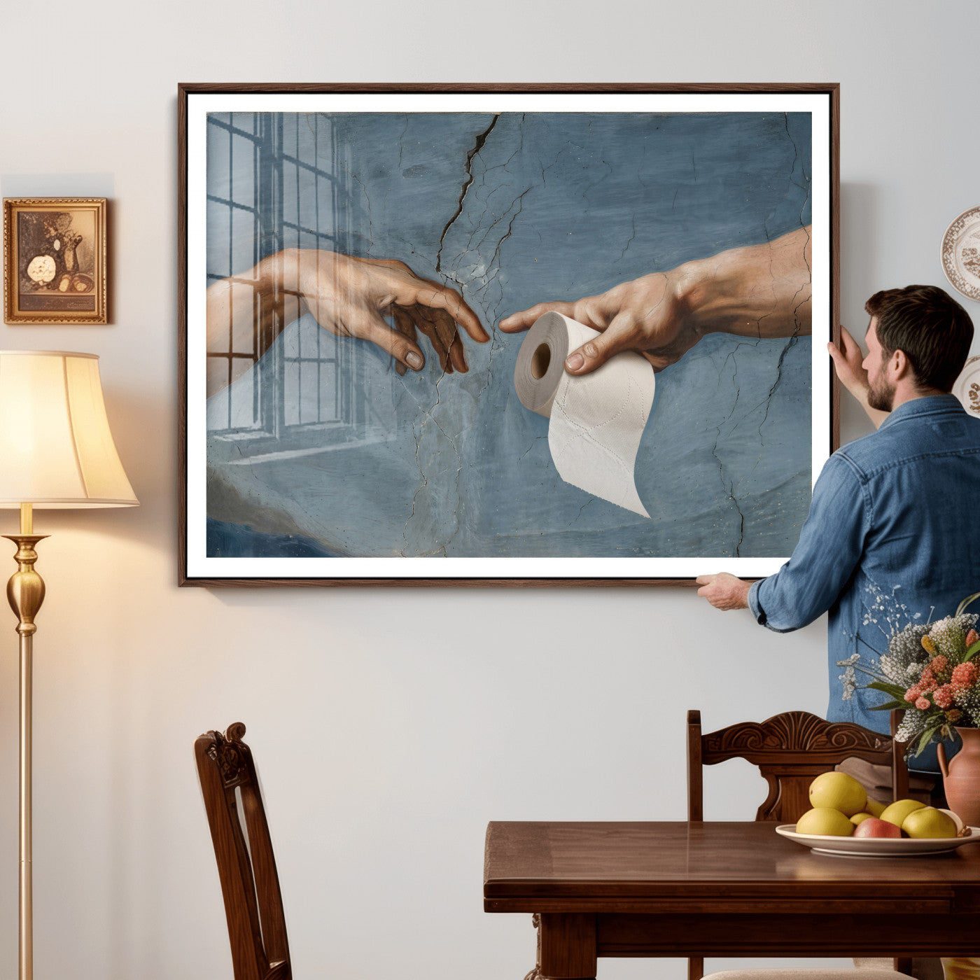 42648143-MGV-CV-36X24 - Funny Bathroom Canvas Wall Art, Michelangelo Creation of Adam Toilet Paper Parody, Renaissance Humor Print, Quirky Housewarming Gift, Toilet Room Decor