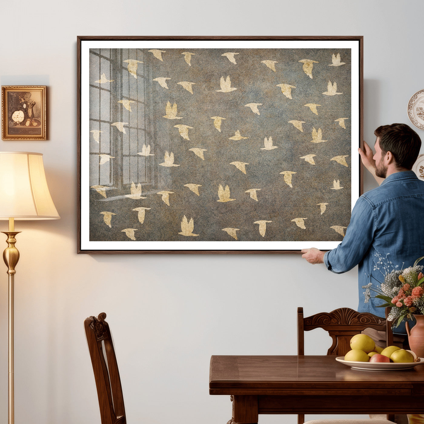 74076164-MGV-CV-36X24 - Flying Birds Canvas Wall Art, Vintage Bird Flock Pattern Print, Grey Gold Abstract Nature Decor, Rustic Bird Silhouette Art, Boho Living Room Decor