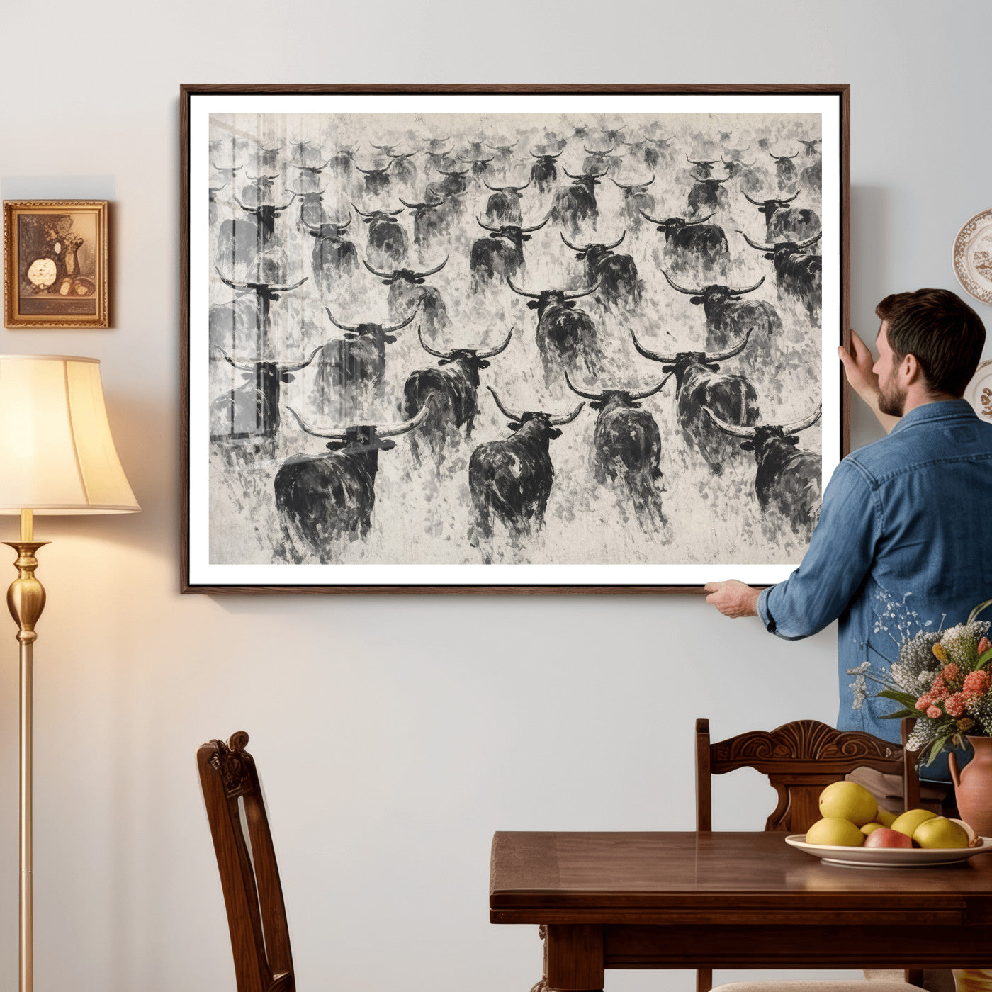 73328525-MGV-CV-36X24 - Texas Longhorn Drawing Canvas Wall Art, Western Cattle Stampede Painting Print, Warm Amber Ranch Decor, Rustic Cowboy Home Art, Large Living Room Decor