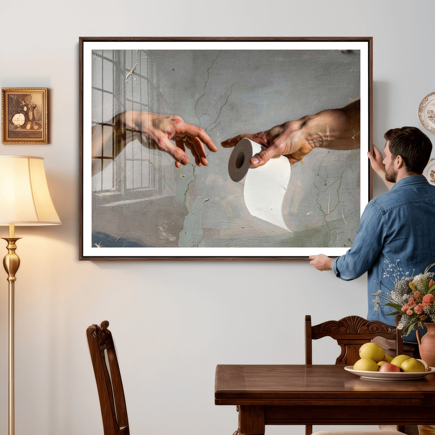 72030048-MGV-CV-36X24 - Funny Bathroom Wall Art Canvas, Creation of Toilet Paper Parody Print, Renaissance Humor Decor, Toilet Room Art, Quirky Housewarming Gift, Classic Art Spoof