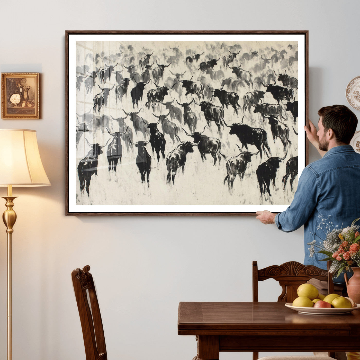 68669792-MGV-CV-36X24 - Longhorn Cattle Canvas Wall Art, Black White Stampede Ink Painting Print, Western Farmhouse Decor, Bull Herd Art, Large Living Room Wall Art, Ranch Home Decor