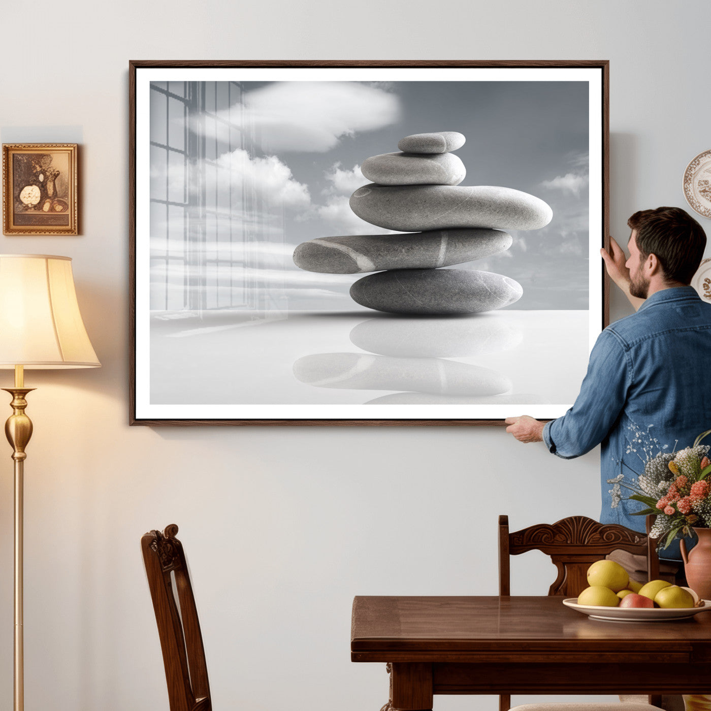 86426188-MGV-CV-36X24 - Zen Stone Wall Art Canvas Print, Balanced Rock Stack Framed Spa Artwork, Minimalist Meditation Decor for Living Room Bedroom Office Bathroom