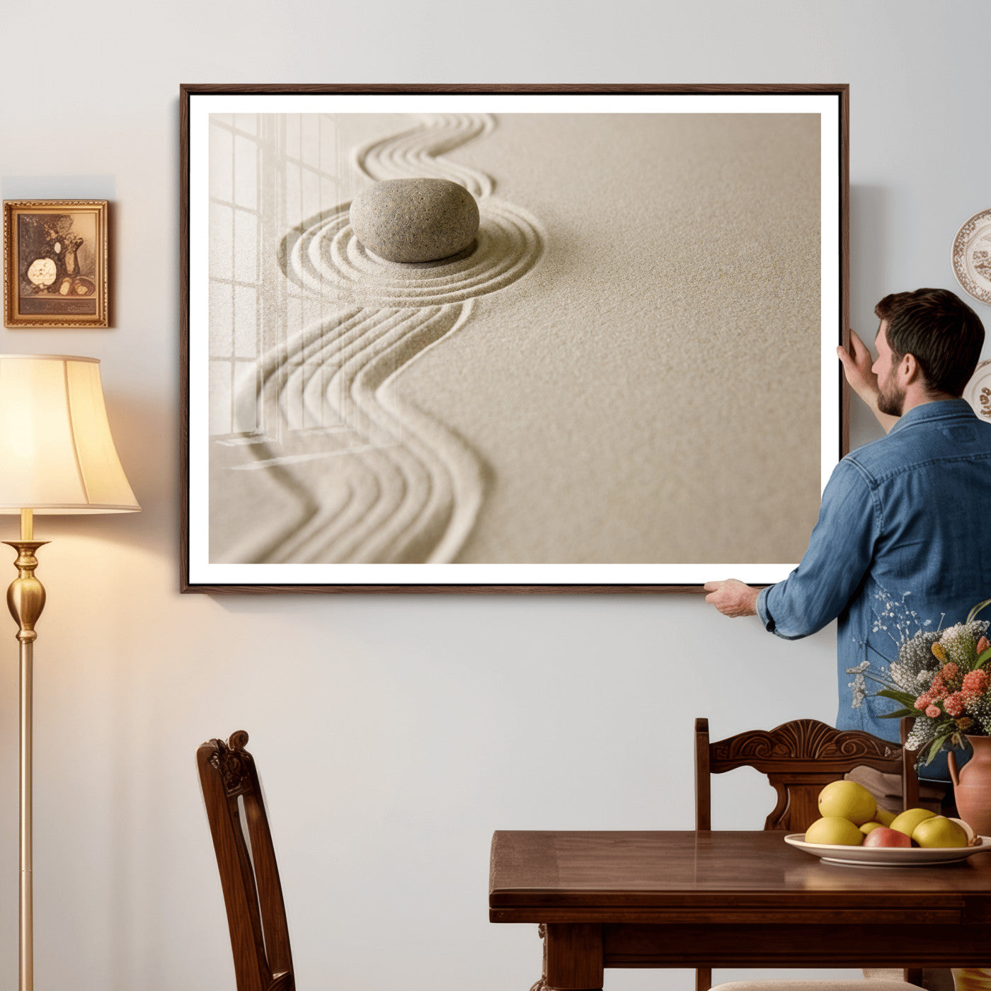 66852661-MGV-CV-36X24 - Zen Garden Stone Sand Canvas | Japanese Rock Garden Wall Art | Minimalist Meditation Print | Neutral Beige Mindfulness Decor