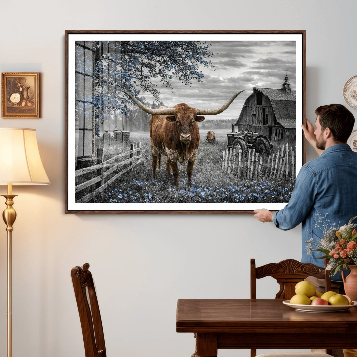 19366343-MGV-CV-36X24 - Texas Longhorn Canvas Wall Art, Rustic Farm Barn Bluebonnet Photography Print, Farmhouse Country Decor, Western Ranch Art, Old Truck Tractor Print
