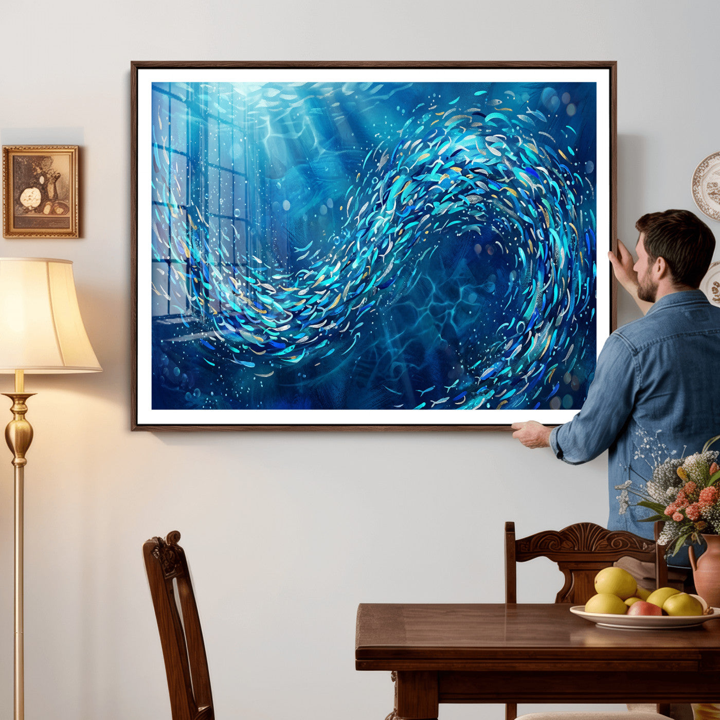 54535639-MGV-CV-36X24 - School of Fish Canvas Print | Blue Ocean Underwater Wall Art | Swirling Fish Shoal Illustration | Marine Navy Coastal Decor