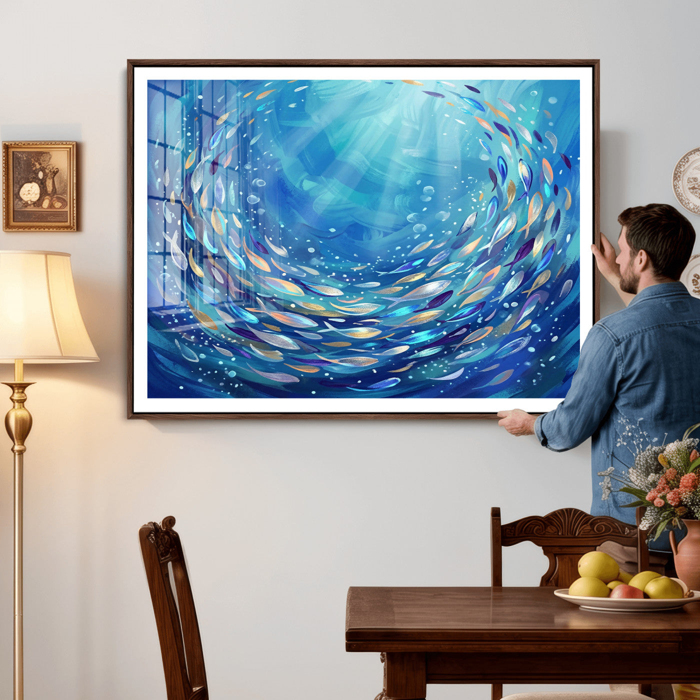 78699899-MGV-CV-36X24 - School of Fish Canvas Print | Blue Ocean Underwater Wall Art | Swirling Fish Shoal Illustration | Marine Navy Coastal Decor