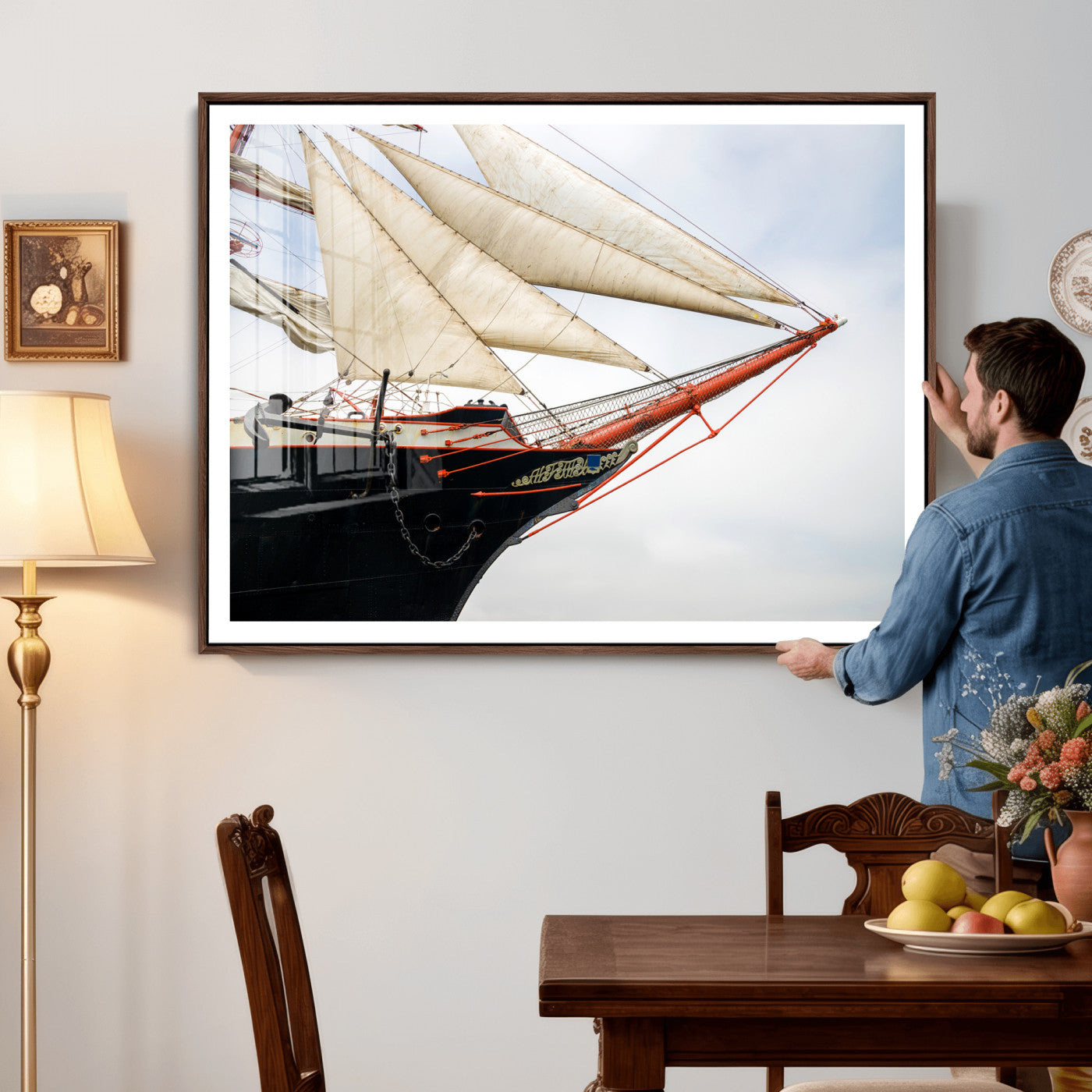 64830036-MGV-CV-36X24 - Sailboat Wall Art Canvas Print, Vintage Ship Bow Framed Artwork, Nautical Sailing Decor for Living Room Office Beach House