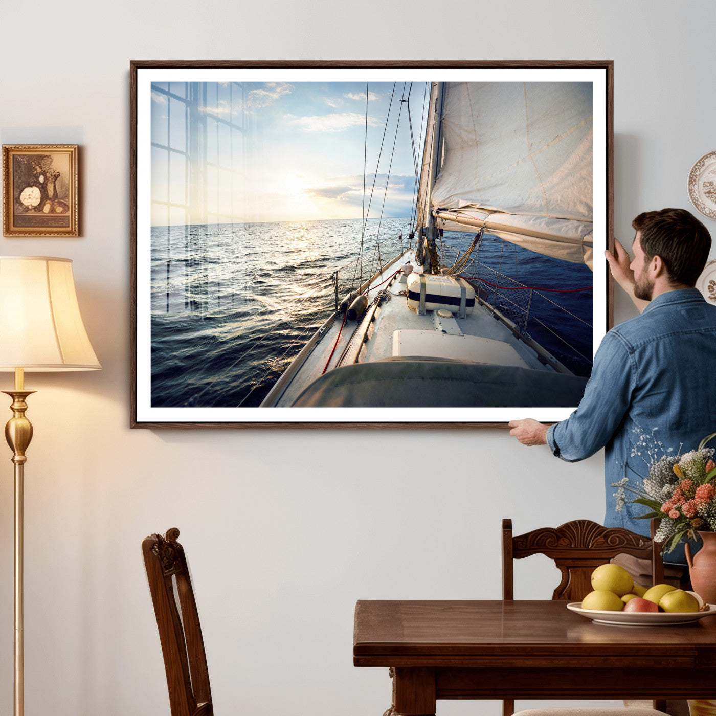 76381335-MGV-CV-36X24 - Sailboat Wall Art Canvas Print, Ocean Sunset Sailing Framed Artwork, Coastal Nautical Seascape Decor for Living Room Office Beach House