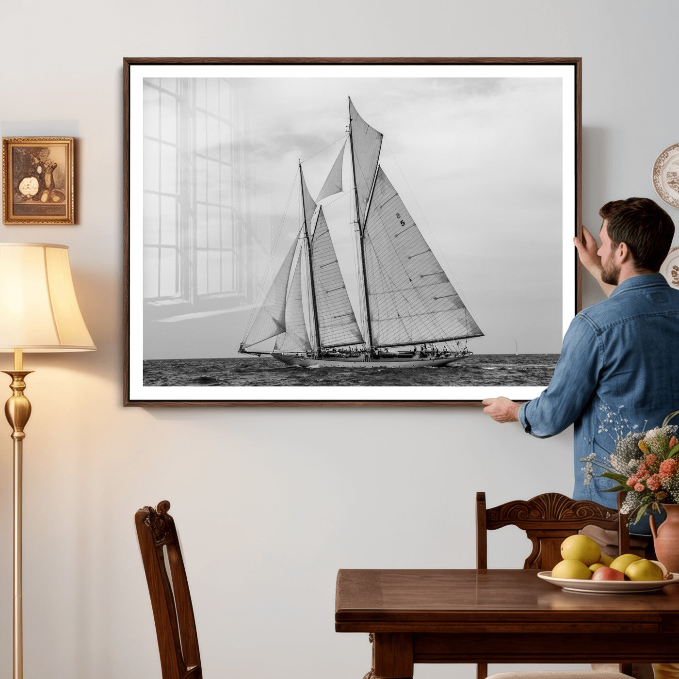 52882918-MGV-CV-36X24 - Vintage Sailboat Wall Art Canvas Print, Black and White Schooner Framed Artwork, Nautical Ocean Sailing Decor for Living Room Office Beach House