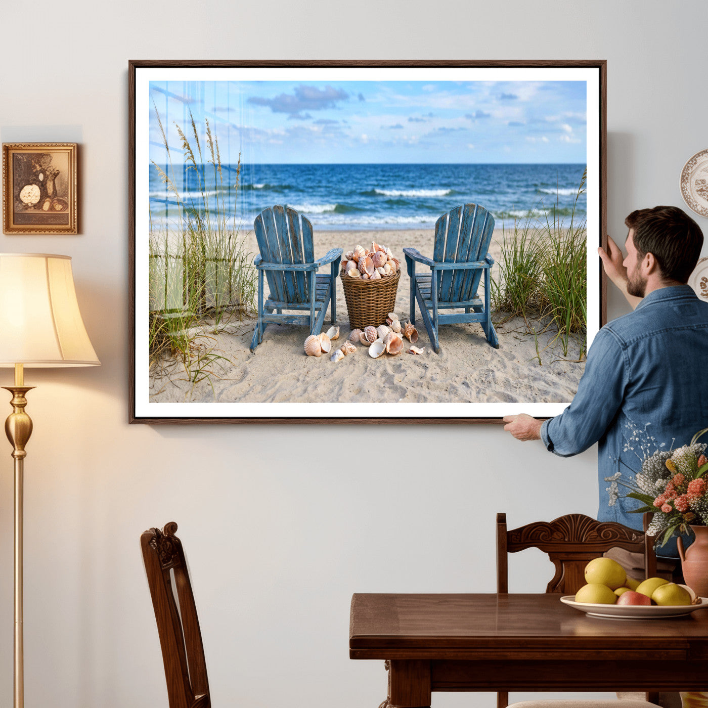 80268829-MGV-CV-36X24 - Large Beach Canvas Wall Art Coastal Adirondack Chairs Ocean Seashells Blue Nautical Framed Large for Living Room Bedroom Bathroom Decor